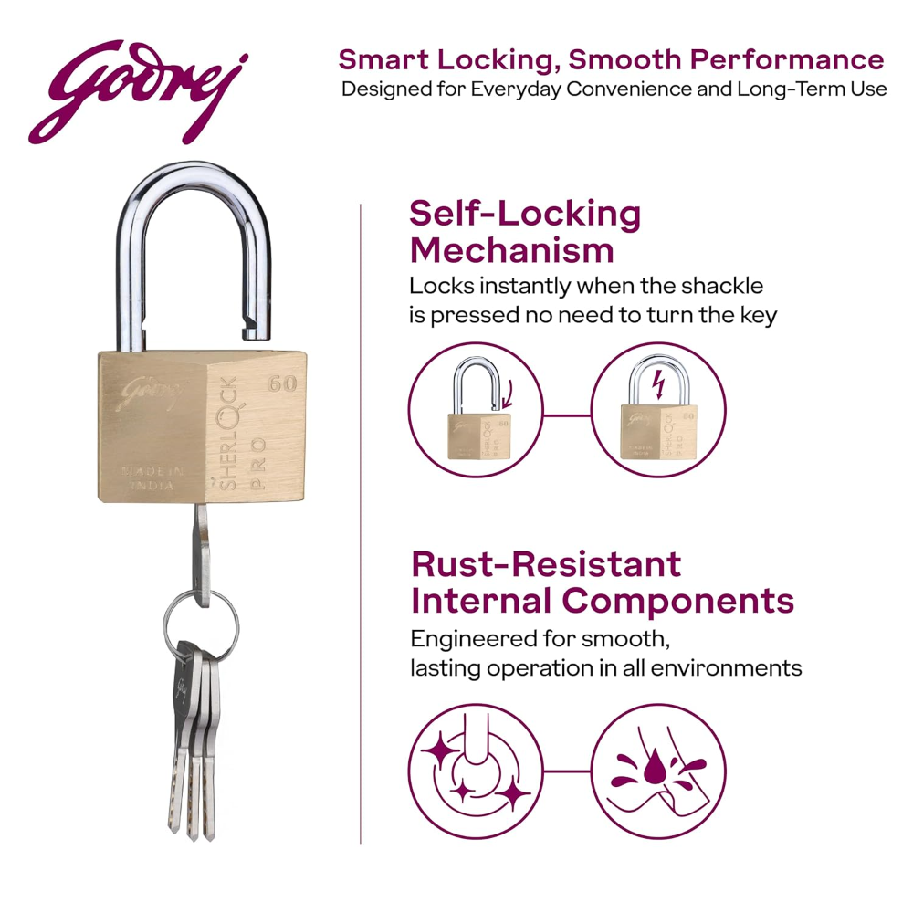 Godrej Locks | Sherlock Pro 60mm Padlock | with 4 Keys | Premium Solid Brass Lock | Self-Locking Shackle | Double Locking | Rust-Resistant | Suitable for Doors, Cabinates | 1 Year Warranty